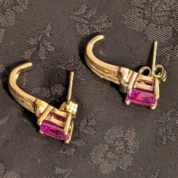 Vintage Sterling Silver 925 Gold Tone Pink Sapphire Earrings Ruby Earrings - Picture 10 of 12